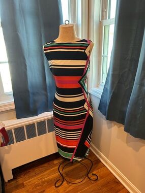 Cache Black Striped Midi Dress with Red, Pink, Teal & White Accents
